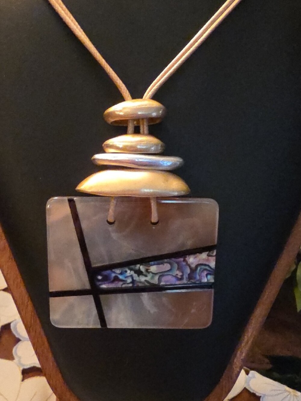 Neutral Taupe Rectangular Stone Pendant Necklace with Metallic Accents